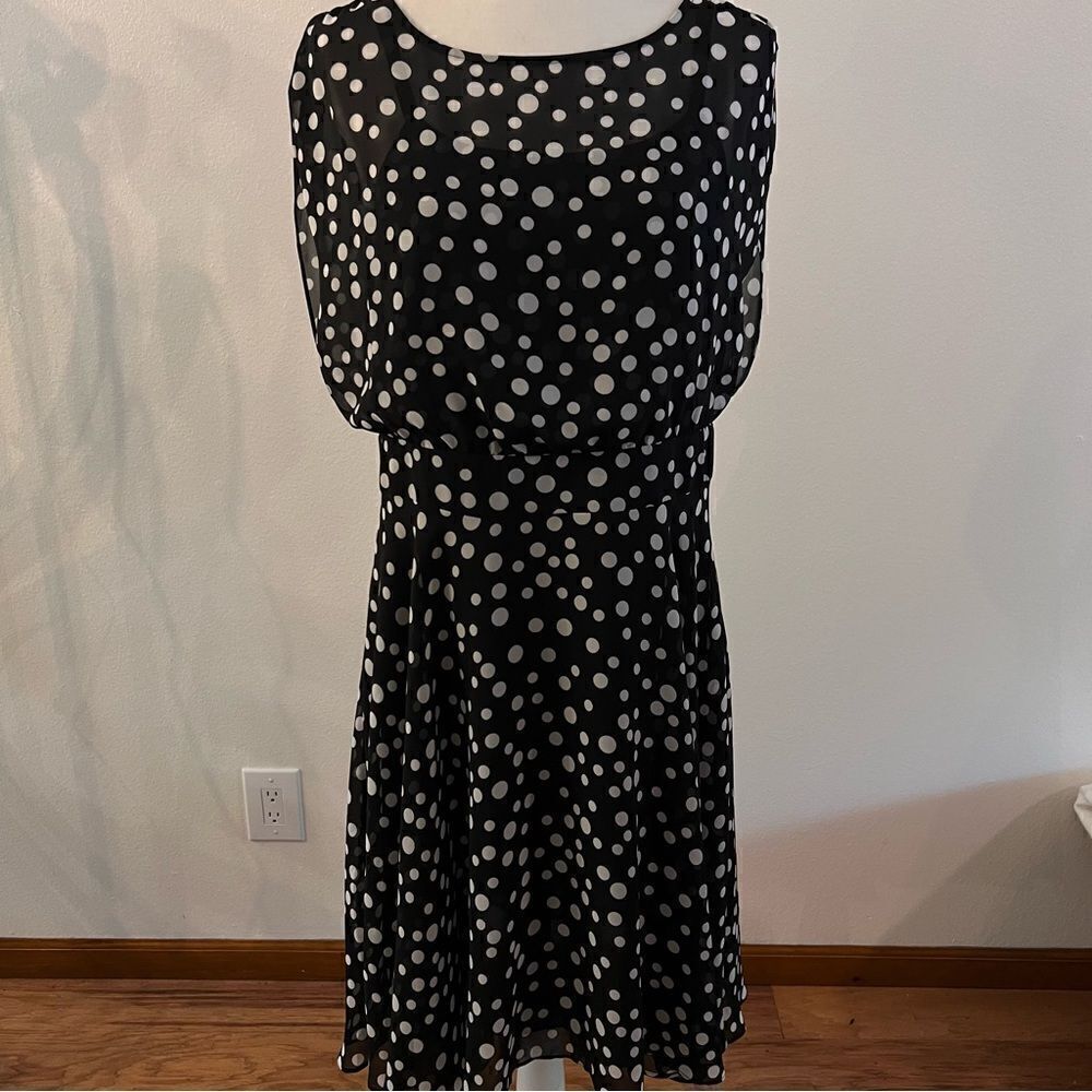NWT Chico’s Dress Polka Dot Fit & Flare Black White Size 1 (Med 8) Short Sleeve